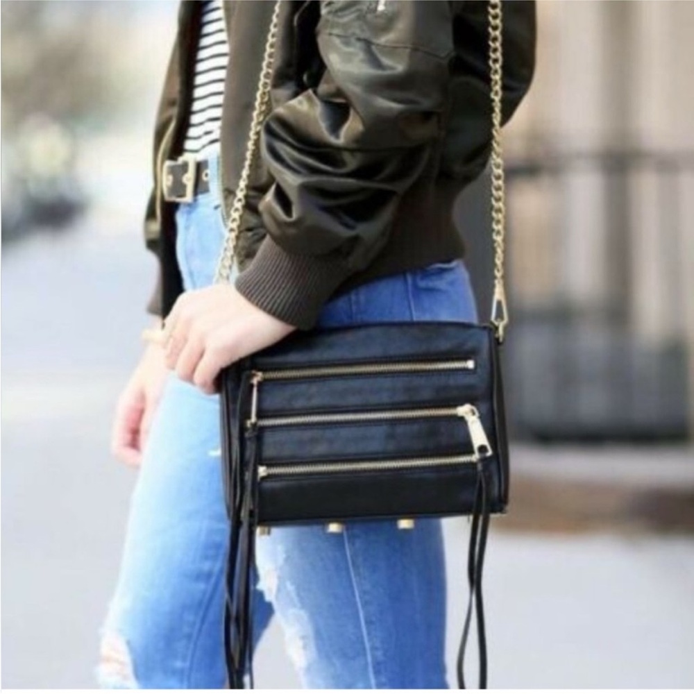 Rebecca Minkoff Black Mini Zip Crossbody Bag with Gold Accents
